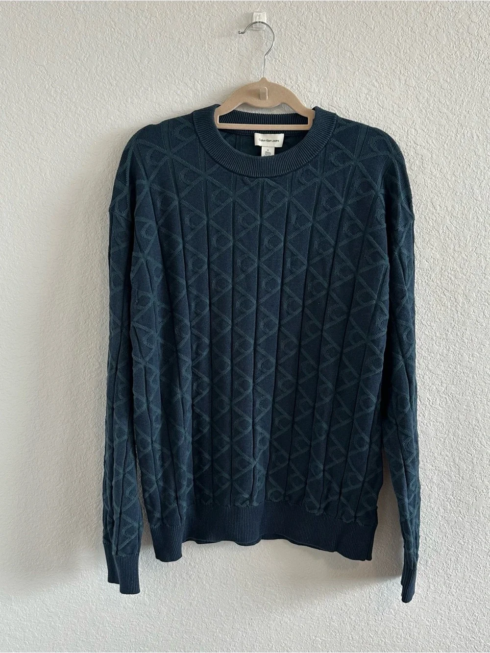 Calvin Klein Blue & Green Logo-Quilted Crewneck Sweater